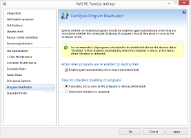 Showing the AVG PC Tuneup settings for the Program Deactivator module